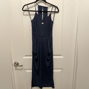 BCBG draped midnight blue midi dress size small